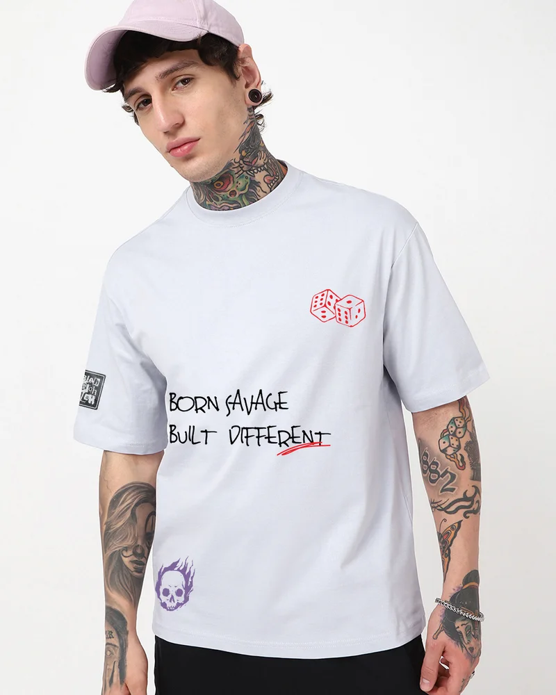 بيواكوف Men's Lavender Defy The Odds Typography Oversized T-shirt